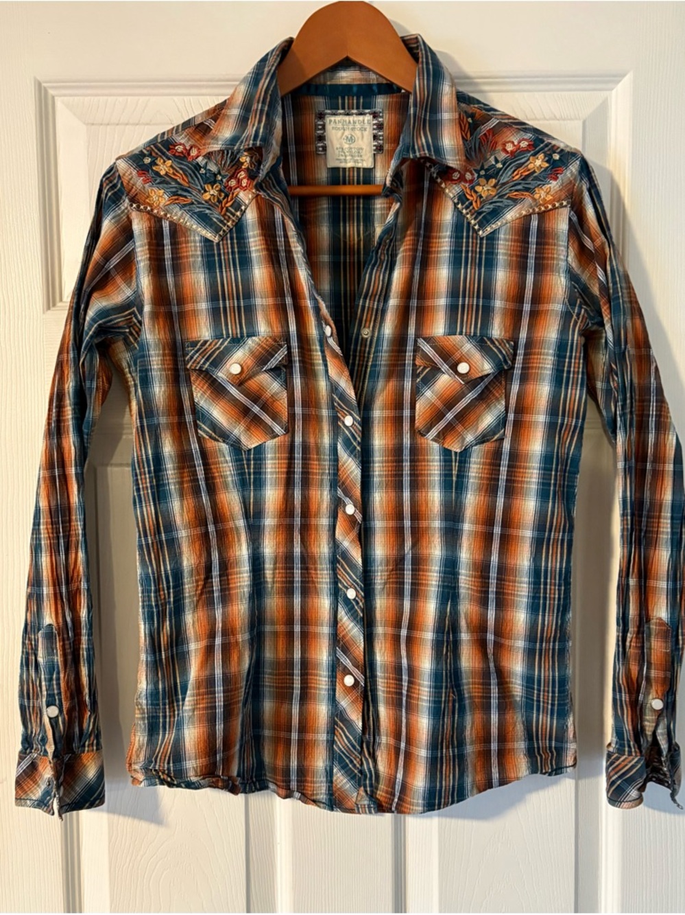 VTG Women's Plaid Western Snap Shirt in Rust and Teal - Picture 3 of 10